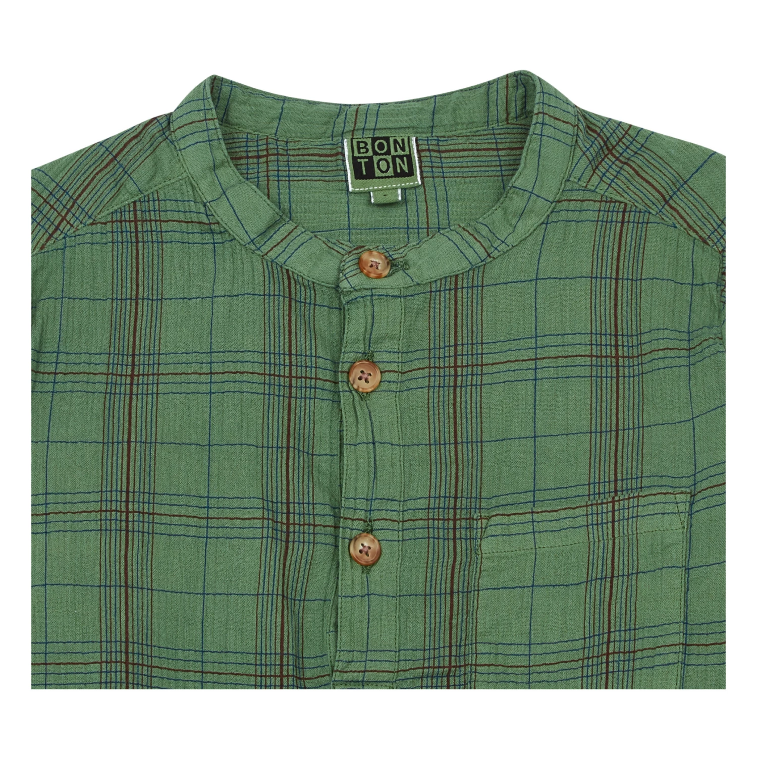 Edgar Checked Organic Cotton Muslin Kurta Shirt Green Bonton Fashion Children 2 Edgar Checked Organic Cotton Muslin Kurta Shirt Green Bonton Fashion Children - Image 2