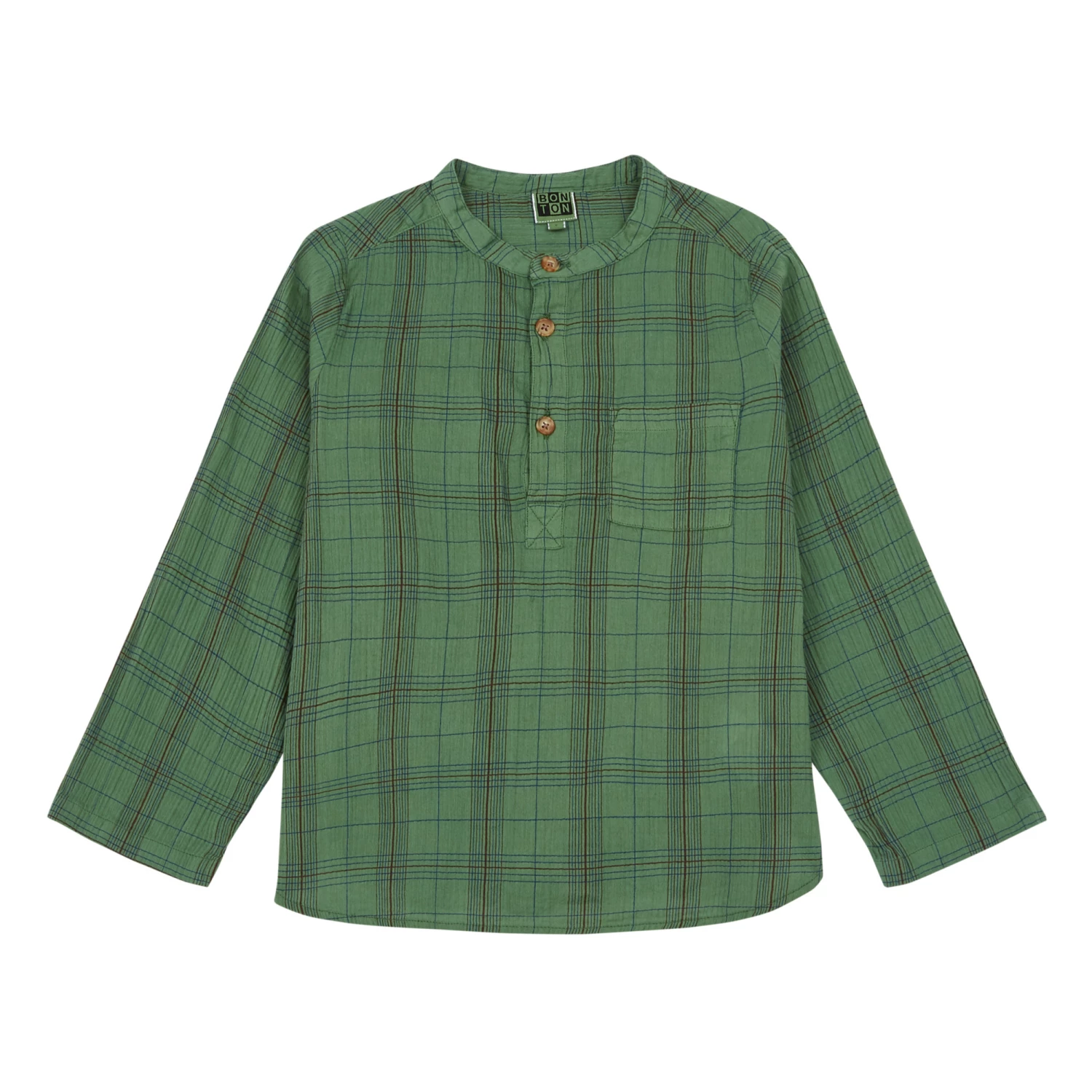 Edgar Checked Organic Cotton Muslin Kurta Shirt Green Bonton Fashion Children 1 Edgar Checked Organic Cotton Muslin Kurta Shirt Green Bonton Fashion Children